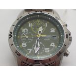 Vintage gents Seiko chronograph wristwatch with stainless steel strap and green dial