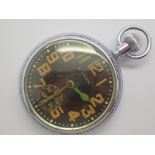 Vintage chromium plated military crown wind black faced pocket watch with luminous numerals and