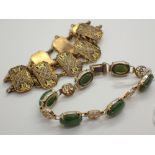 Two costume bracelets one set with green stones possibly jade