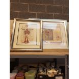 Two large framed prints depicting a show girl and flowers