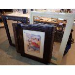 Three framed pictures a mirror and a further frame