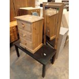 Modern black veneered coffee table pine three drawer bedside cabinet pine leaded hall mirror and a