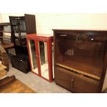 Three glazed display cabinets mahogany with lower cupboard black veneer with lower cupboard and red