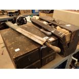 Old card file box containing tools with a small joiners tool box with contents