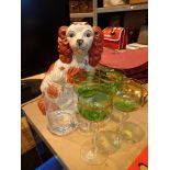 Flatback spaniel four green glass hock glasses and crystal tankard