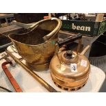 Brass coal scuttle and copper gas kettle with brass stirrup pump by Dronwal