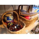 Two wicker baskets wool ribbon and three paperweights etc