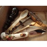 Box of mixed collectables including corkscrew and seal