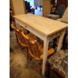 Pine topped slim kitchen table with single side drawer and hanging knobs to each end 107 x 45 x 95