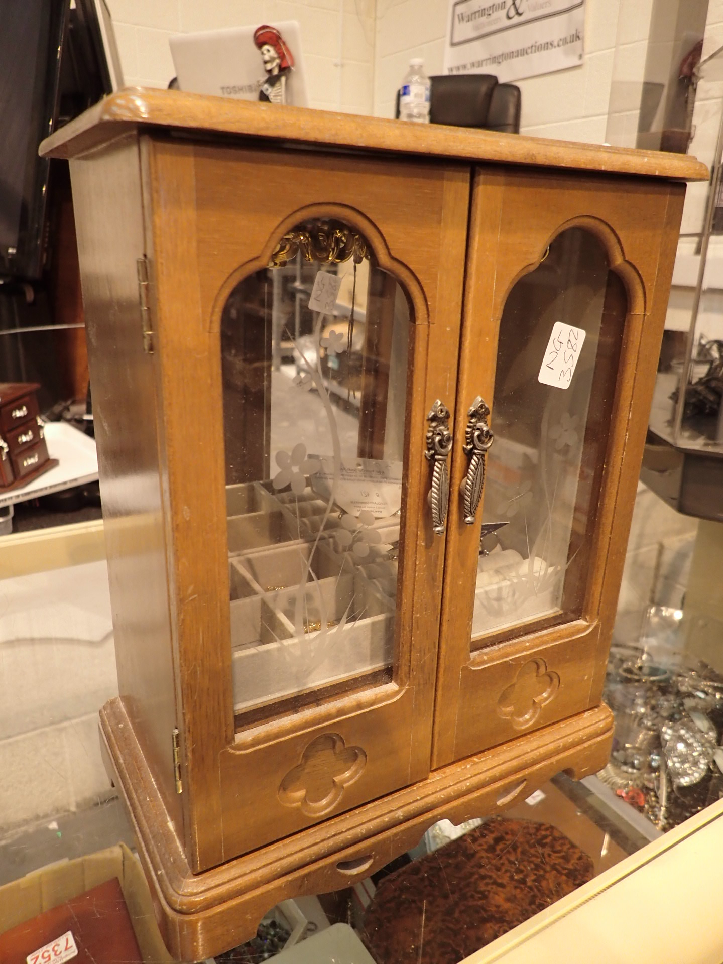 Wooden jewellery box with glass doors