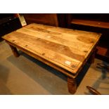 Heavy Mexican style pine coffee table with steel frame and banding