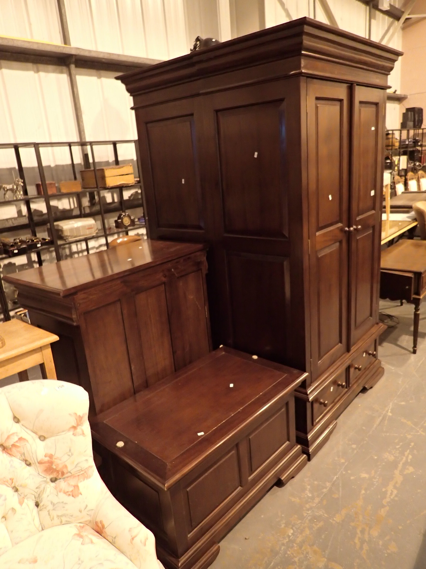 Good quality modern hardwood dining suite comprising two wardrobes linen chest and drawers