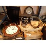 Two suitcases and box of mixed items including ceramics pet ware barometer music box etc