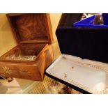 Brass inlaid jewellery box with costume jewellery contents