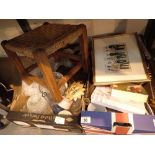 Two boxes of mixed glass and china including large Victorian wheel cut vase and stool