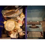 Mixed box of ceramics to include Denby with portable Smith corona type writer