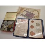 Mixed UK and world coins and a 1941 100 Franc note