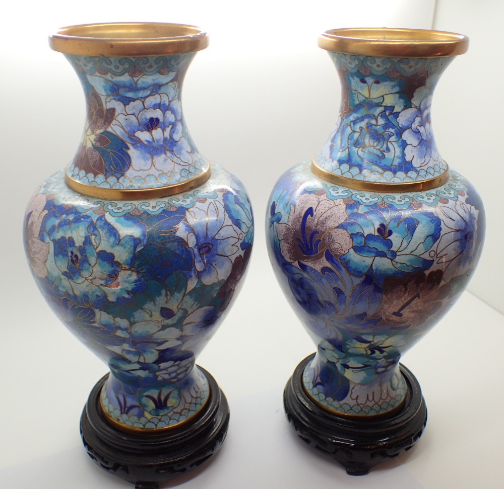 Pair of Oriental cloisonne vases on hardwood stands