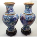 Pair of Oriental cloisonne vases on hardwood stands