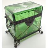 Mary Gregory green glass antique casket with wrought metal framing A/F CONDITION REPORT: