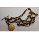 Heavy yellow metal double Albert chain with fob T-bar and two crocodiles