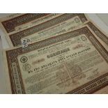 Scripophily five Russian Wladicaucase Railroad Company bearer bonds £25 roubles gold