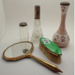 Collection of mixed items including guilloche hand mirror and brush silver topped bottles etc