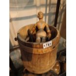 Coopered wooden well bucket containing mixed wooden items CONDITION REPORT: