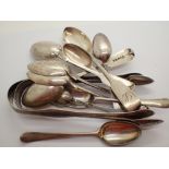 Collection of antique hallmarked silver tea spoons and two pairs of Georgian sugar tongs 210g