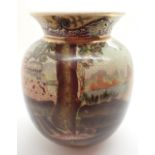 Oriental crackle glazed pot with ship unloading scene H: 25 cm