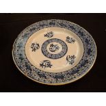 18thC English Delft blue and white plate with formal border decoration and central decorated panel