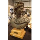 Ceramic bust of Apollo on a wooden plinth H: 32 cm