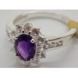 Silver purple and white stone set ring size O