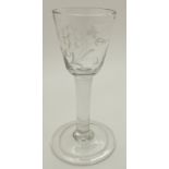 George II c1740 cordial glass with bucket shaped bowl plain stem tapers towards a flat folded foot