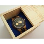 Gents wooden case wristwatch with two subsidiary dials and moon dial