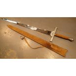 Reenactment steel broadsword with white metal guard marked Macleod and leather scabbard blade