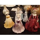 Six ceramic lady figurnes including Royal Worcester Coalport and Royal Doulton