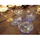 Five Whitefriars controlled bubble glass vases and bowls and one handmade blue glass bowl