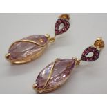 14ct gold fancy amethyst and pink sapphire drop earrings with certificate