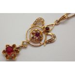 Edwardian 10ct yellow gold necklace set with ruby and seed pearls