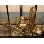 Two brass shells 1957 plus other brass ware desk cannon kettle and stand etc