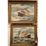 T GAY M pair of oil on boards signed 1916 of Titanic and the SS Empress of Ireland 55 x 40 cm