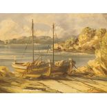 1970s oil on canvas of fishing boats on Mahon beach indistinctly signed 55 x 41 cm