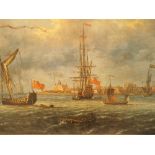 19thC oil on canvas sailing ships in port signed but unclear in gilt frame 45 x 30 cm