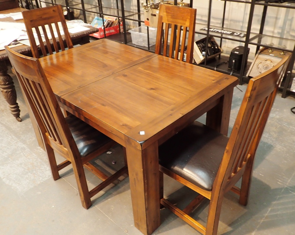 Modern hardwood table with four upholstered chairs 140 x 90 cm