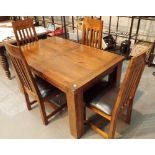 Modern hardwood table with four upholstered chairs 140 x 90 cm