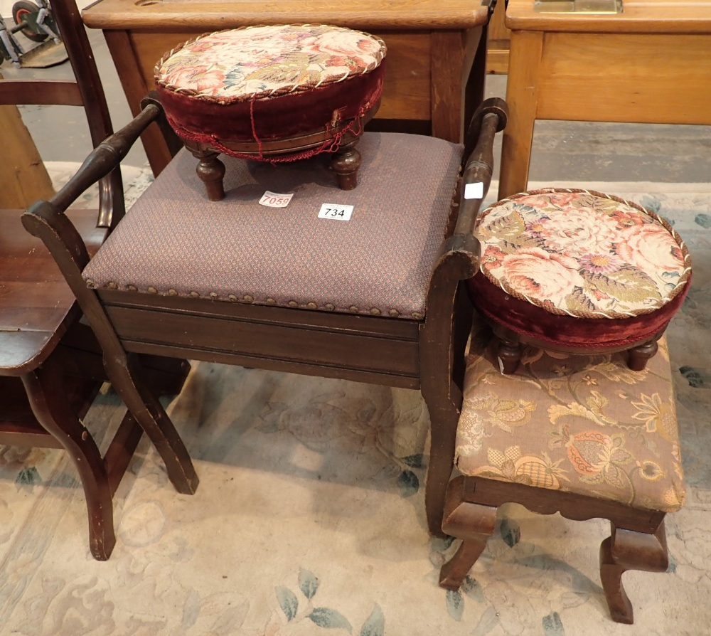 Collection of antique stools to include piano stool two circular footstools and Victorian stool