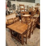 Heavy oak dining table with six rush seated chairs 200 x 100 cm