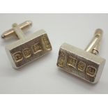 Pair of gents silver ingot cufflinks in leather box