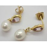 9ct gold amethyst and real pearl drop earrings